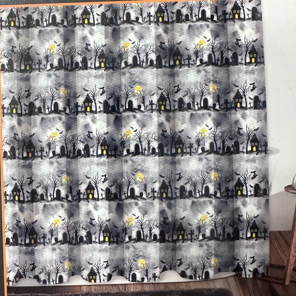 Spooky Lane Halloween Haunted House Graveyard Shower Curtain - Black and Yellow